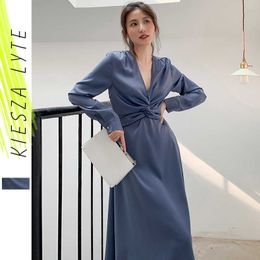 Elegant Lady Satin Dress Women Summer Spring Blue Long Sleeve V-Neck Midi Dresses Clothes Vestidos 210608