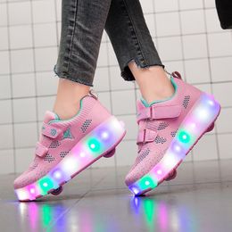 LED USB Roller Skate Shoes for Kids Boys Girls Wheels Sneakers with On Two Wheels Children Boy Girl Roller Sneakers Tennis Shoes 210303