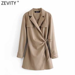 Zevity Women Fashion Turn Down Collar Lace Up Faux Leather Slim Mini Dress Femme Long Sleeve Elastic Waist PU Vestido DS4855 210603