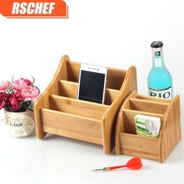 3 Grid Bamboo Remote Control Storage Box Stationery Headphone Cable Cell Phone Desktop Organizer 211112