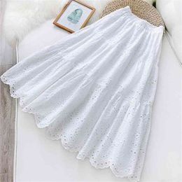Summer Korean Women Hollow Embroidery Casual Skirt Solid Color White Black Literary Temperament Pettiskirt Free 210619