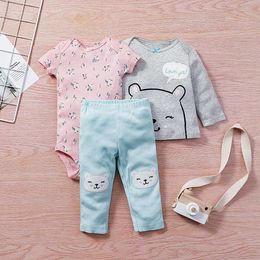 Infant Baby Boy Clothing Sets 2021 Spring Cute Short Sleeves Tops+long Sleeves Romper+pants 3pcs Newborn Baby Grils Clothing Set G1023