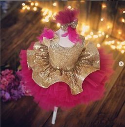 Fashionable Sequined Bow Feather Cute Flower Girls Dresses Knee Length Ball Gown Vintage Little Girl Birthday Party Tutu Pageant Dress Gowns Custom Made