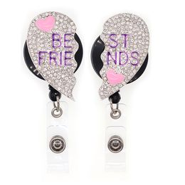 Office Supplier Key Rings Lovely Retractable Rhinestone Crystal Love Heart Bes FRIENDS ID Badge Reel Holder With Aligator Clip For Students/Teachers