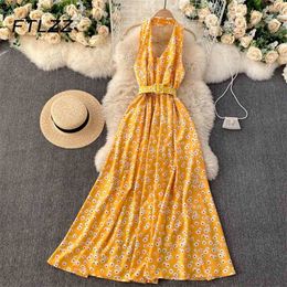 Women Boho Dress Summer Sexy V Neck Vintage Floral Printed Midi Dresses Ladies Beach Neck-mounted Party Long Robe 210525