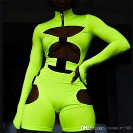 Sexy Women Jumpsuits Designer Spring Long Sleeve Shorts Bodysuit Fluorescent Green Schoolbag Buckle Button Rompers