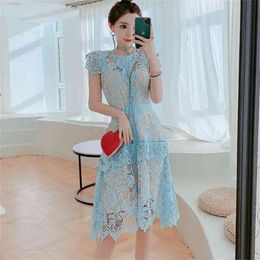 Summer Sexy Hollow Dress Lace Sweet Butterfly Sleeve French Fairy High Waist Women Elegant Knee Length 210603