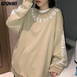 Women's T-Shirt KOSAHIKI High Street Vintage Simple Letters Print Long Sleeve Pullovers Sweatshirt Women Men Cloth Hip Hop O-neck Ins Clothe