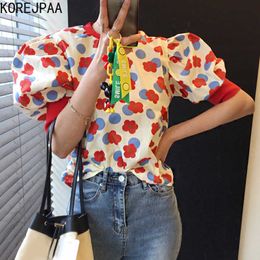 Korejpaa Women Shirt Summer Korean Fashion Print O Neck Hit Colour Small Flower Design Loose Bubbly Bubble Sleeve Blouse Top 210526