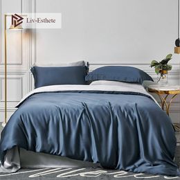 Liv-Esthete 100% Silk Blue Grey Bedding Set 25 Momme Queen King Duvet Cover Bed Sheet Fitted Sheet Pillowcace For Beauty Sleep 210309