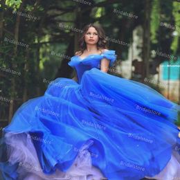 Quinceanera سندريلا فساتين زرقاء الكرة ثوب الكرة من الكتف منتفخ تول حزب مطرز الحزب الحلو اللباس الطابق الطابق