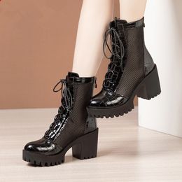 Plus Size 32-43 Lace up Genuine Leather Boots Women Shoes 2022 Summer Back Zip Medium Block Heel Cutout Boots Ladies Hole Shoe