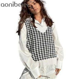 Women Knitted Sweaters Casual Khaki V Neck Houndstooth Pullovers Female Autumn Winter Sleeveless Tops Jumpers 210604