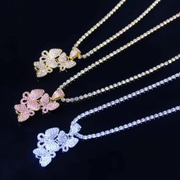 Women Iced Out Butterfly Necklaces Animal Pendants Tennis Chain Jewellery Fashion Crystal Rhinestone Pendant Necklace Gold Silver Pink Colour