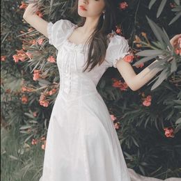 Elegant Fairy Dress Women White French Puff Sleeve Chiffon Dress Korean Japan Style Sweet Vintage Retro Summer Dress 210306