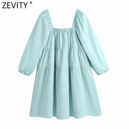 ZEVITY Women French Style Solor Elastic Pleat Straight Mini Dress Ladies Puff Sleeve Vestido Chic Casual Dresses DS8325 210603