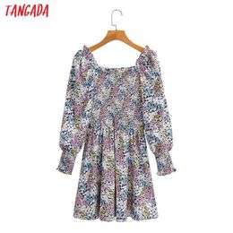 Tangada Women Floral Print Romantic Dress Square Collar Long Sleeve Females Mini Dresses Vestidos 1F216 210609