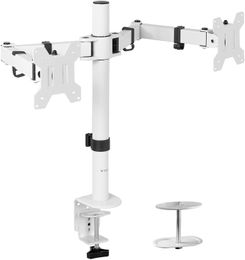 White Dual 13 to 27 inch LCD LED Monitor Desk Mount Stand with C-clamp and Bolt-Through Grommet, Heavy Duty Fully Adjustable Arms for 2 Screens STAND-V002W