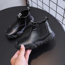 autumn and winter children black casual warm Martin boots boys genuine leather non-slip wear-resistant British boots 210713