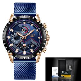 2022LIGE Mens Watch Fashion Top Brand Luxury Stainless Steel Blue Quartz Men's Leisure Sports Waterproof Watch Relogio T200113