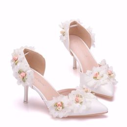 White Lace Flower Wedding Shoes Bridal Shoes 7CM High Heel Women Sandals Shallow Adult Ceremony Pumps