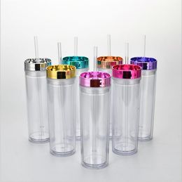 16oz Colourful Acrylic Tumbler Plastic Straight Tumblers with Electroplated Cover Portable Travel Wine Glass Wedding Gift
