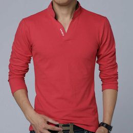 Fashion Mens Tshirt Cotton T Shirt Solid Colour Mandarin Collar Long Sleeve Top Brand Slim Fit Tee Shirts 5XL 210629