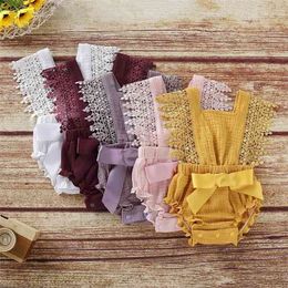 Summer Baby Girl's Lace Decor Tie-up Bodysuit One Pieces Rompers Five colors Girl Clothes 210528