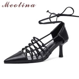 Meotina High Heels Women Pumps Natural Genuine Leather Thin High Heel Ankle Strap Shoes Real Leather Cutout Shoes Female Size 40 210608