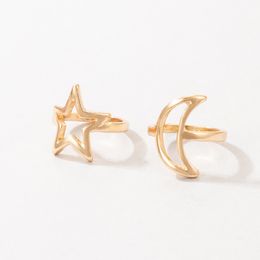 2pcs/sets Exquisite Moon Ring Sets for Women Charms Hollow Out Star Geometry Alloy Metal Gold Jewelry