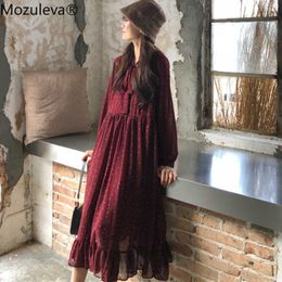 Mozuleva Women Lace-up Buttons Loose A-line Dress Polka Dots Print Female Chiffon Dress Vintage Casual Mid Long Dress femme 210706