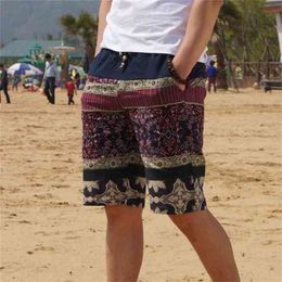 Summer Men's Bermuda Shorts Loose Straight Floral Hawaiian Casual Linen Short Pants Male Brand 210713