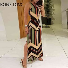 Women Sleeveless O-Neck Colorful Striped Print Side Slit Maxi Dress Elegant Fashion Chic Dress X0521