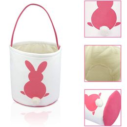 Easter Bunny Basket Bags for Kids Canvas Cotton Carrying Gift and Eggs Hunt Bag,Fluffy Tails Printed Rabbit Canvas Toys Bucket Tote