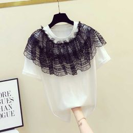 VANOVICH Raffle Lace Short-sleeved T-shirt Women Summer Mesh Yarn Stitched Round Collar Tops Female Fashion T Shirts 210615