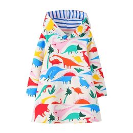 Jumping Metres Arrival Girls Hooded Dresses With Animals Print Fashion Cotton Dinosaurs Autumn Winter Dress Kids Cloth 211231