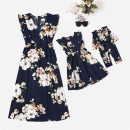 Dark Blue Floral Print Matching Midi Dresses 210528