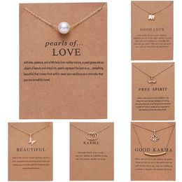 Fashion Butterfly Pearl Pendant Necklace with Card Gold Color Chain Lucky Elephant Dragonfly Charm Choker Girl Jewelry Gift