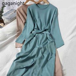 Fashin Women Solid Knitted Bodycon Maxi Dress Long Sleeve O Neck Bandage Party Dresses Lady Chic Korean Vestidos 210601