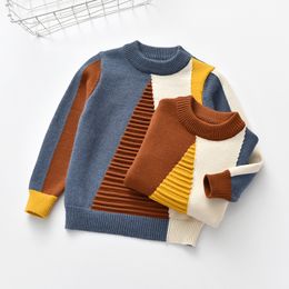 Baby Kids Tshirt Sweater Baby Girl Geometric Triangle Rectangle Match Style Little Boy Outfit O-Neck Knitted Clothes for 2T-8T 210308