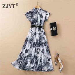 Women High Quality Summer Runway Fashion Short Sleeve Turn Down Collar Painted Print Vintage Mid Calf Dress with Belt 210601