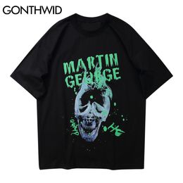 GONTHWID Hip Hop Tshirts Streewear Graffiti Skull Punk Rock Gothic Tees Shirts Harajuku Fashion Short Sleeve Cotton Casual Tops C0315