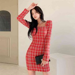 Sexy Tight korean ladies long SLeeve fall square neck Office mini Party Dress for women china clothing 210602