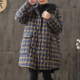 Johnature Women Hooded Plaid Parkas Vintage Button Coats Loose Autumn Winter Pockets Female Casual Warm 211216