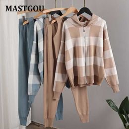MASTGOU 3 Piece Set's Tracksuits Winter Zipper Hooded Cardigan Sweaters + Tank Top Knit Harem Pants Sport Suits Outfits 210930