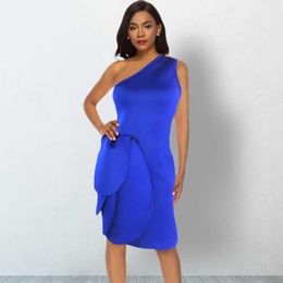 One Shoulder Off Blue Tight Dress for Women Mini Length Club Wear Girls Sexy Party Bodycon Night Out Dresses with Ruffles S XXL 210527