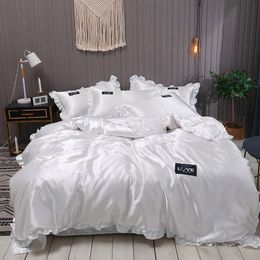 Lace Pure Satin Silk Bedding Set Adult Luxury Duvet Covers With Pillowcase Single Double Queen King Bed Sheet Bedclothes White 210316