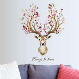 DIY Sika Deer Head Flowers Wall stickers For Living Room Art Vinyl Wall Decals For Kids Baby Home Decor adesivo de parede 210308