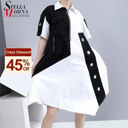 New Unique Style Women Summer Tide Shirt Dress Zipper & Pocket Patchwork Plus Size Lady Loose Fit Midi Casual Dresses 6255 210309