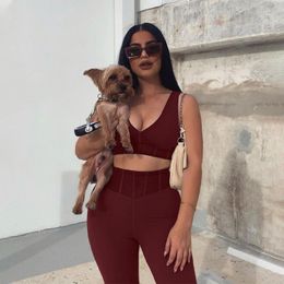 Women's Two Piece Pants Jumpsuit V-Neck Sets Sexy Tracksuits Fitness Crop Top Female Split Stacked Leggings Suit Set Sporty Outfits